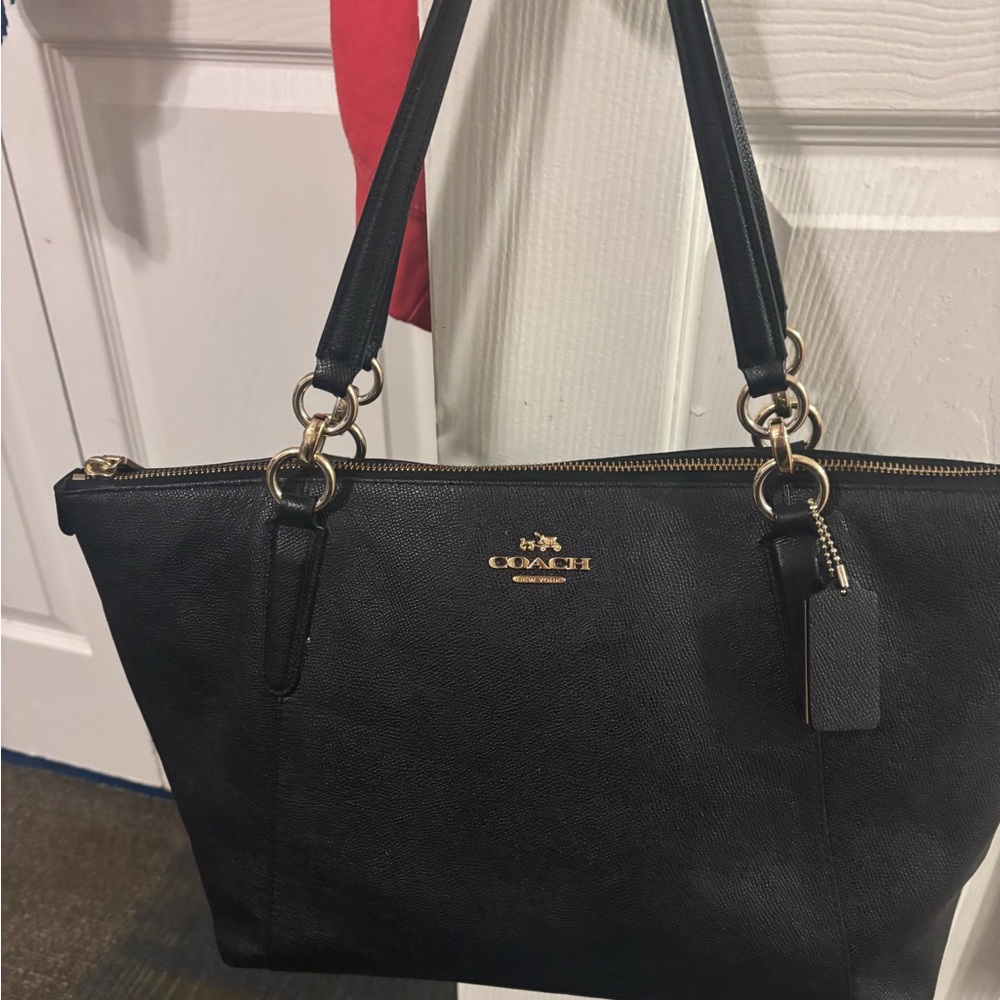 Coach Black Leather Tote with Gold Accents